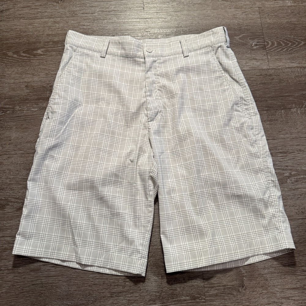 Nike Golf Shorts Mens 32 Gray Plaid Dri Fit Flat Front Bermuda Chinos 11" Adult